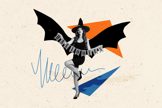 Artwork collage image of stunning mysterious sorcerer girl bat wings arms hold halloween flags isolated on creative background