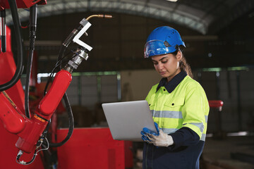 Female engineer worker working with laptop computer for maintenance robot arm system welding at...