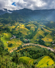 Aerial view of rice field or rice terraces , Sapa, Vietnam. Y Linh Ho village, Ta Van valley