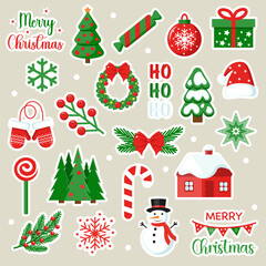 Christmas stickers collection. Christmas decorations, holiday gifts, candy, candles, star, trees. Vector illustration.