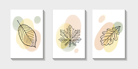 Set of posters with abstract organic shapes and autumn leaves. Vector illustration for banner, flyer, cover, advertising, poster.