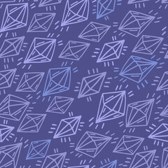 Fototapeta premium Abstract seamless pattern with hand drawn doodle crystals. Geometric ornament, line art gem stones on violet background. Esoteric and mystical background.