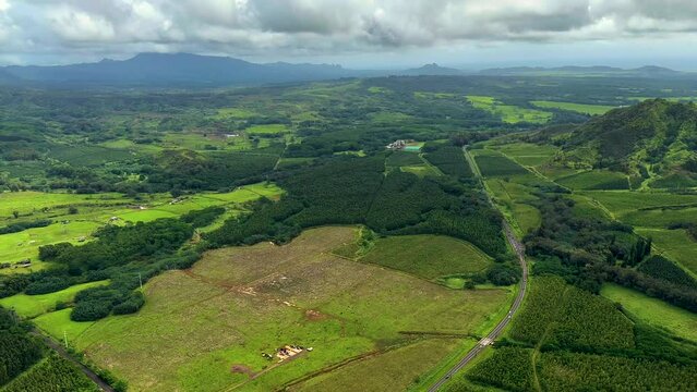 Aerial farmland central Kauai tropical Pacific Hawaiian Island 