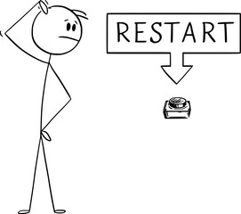 Person Thinking About Restart Switch or Button, Vector Cartoon Stick Figure Illustration