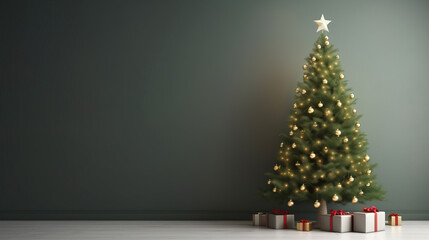 minimalistic Christmas tree with decoration on empty background, copy space