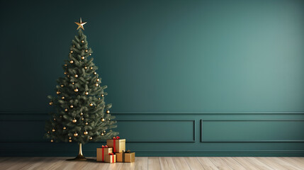 minimalistic Christmas tree with decoration on empty background, copy space