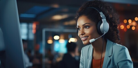 Call Center Service. Beautiful customer support or sales female agent. Caller or receptionist phone...