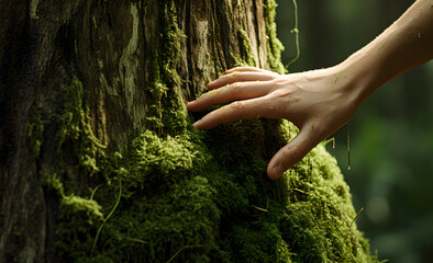 A hand gently touching the moss on the trunk of a large tree reflects a deep connection to nature and environmental responsibility.