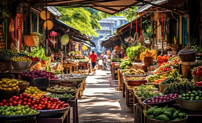 A lively open market with colorful fruits and vegetables Traveling in Asia and South America - obrazy, fototapety, plakaty