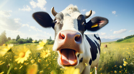 A crazy funny spotted black and white cow looks at the camera and laughs on a green meadow with flowers under a blue sky on a sunny summer day. Copy space. Organic dairy product concept - Powered by Adobe