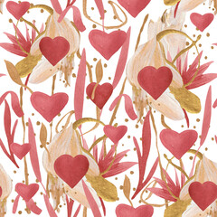 Festive seamless romantic acrylic pattern with dried flowers, ribbons and hearts for any love theme - 653258876
