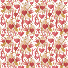 Festive seamless romantic acrylic pattern with dried flowers, ribbons and hearts for any love theme - 653258887