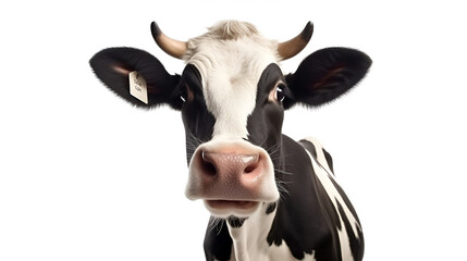 Black and white healthy, cute cow with a curious look looking at the camera, isolated on a white background with copy space.