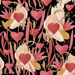 Festive seamless romantic acrylic pattern with dried flowers, ribbons and hearts for any love theme - 653258898