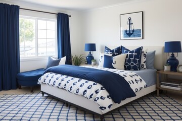 a room with navy blue curtains, white walls, and anchor-patterned bedding