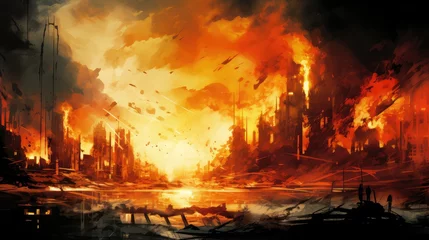 Deurstickers destroy destroyed city fire illustration background red, explosion danger, apocalypse town destroy destroyed city fire © sevector