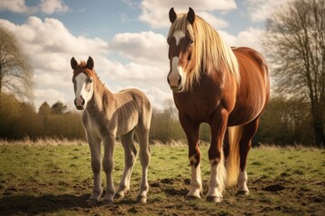 Obraz na płótnie Canvas a large horse next to a small pony in a field