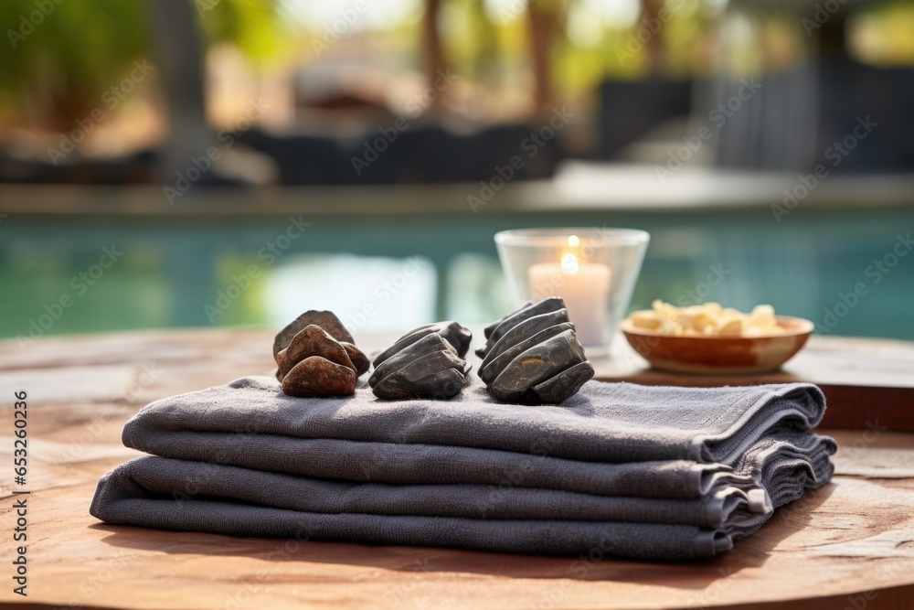 Sticker hot stones arranged on a towel next to a pool