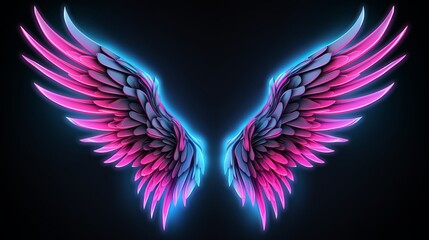 abstract neon angel wings illuminated by pink and blue lights on UV geometric background - cyberspace futuristic wallpaper - obrazy, fototapety, plakaty