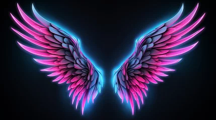 Foto op Plexiglas abstract neon angel wings illuminated by pink and blue lights on UV geometric background - cyberspace futuristic wallpaper © Ashi