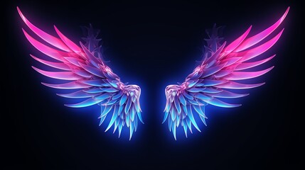 abstract neon angel wings illuminated by pink and blue lights on UV geometric background -...