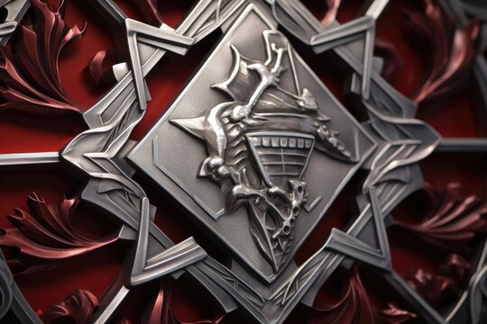 closeup of an alumni associations crest cut from metal