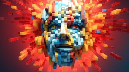face voxel human head illustration 3d pixel, cyborg man, design virtual face voxel human head