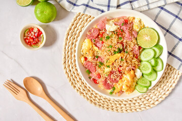 Fried rice with fermented pork on the white plate, thai food