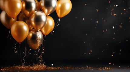Bunch of bright golden balloons on black background, space for text. Banner design.
