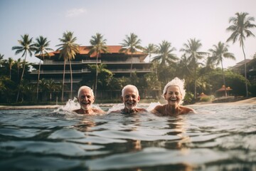 People of all ages, including a cheerful elderly couple, enjoy a fun and healthy summer holiday by the pool.