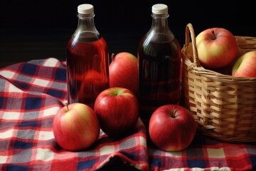 bottles of apple cider on a checkered cloth