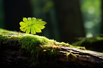 single, sunlit leaf on a mossy log