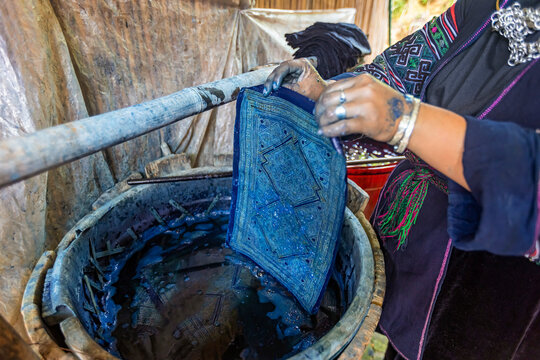 Hand-woven fabric using fibers made from Cannabis sativa or Hemp stalks. Painted with beeswax and hand-dyed at Lao Chai village, Sapa, Vietnam