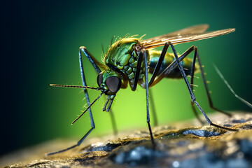 Extreme Closeup of mosquito full body taken with microscope, isolated on green nature background.