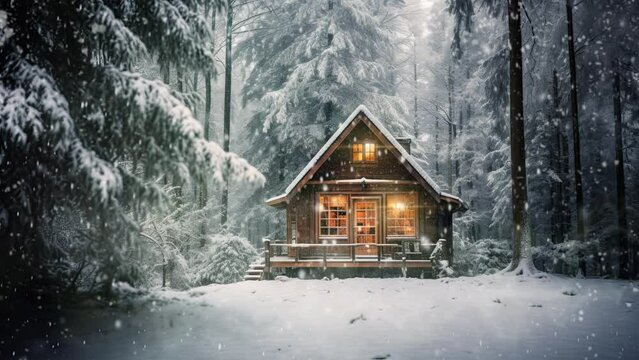 Enchanting cabin, cocooned in snowy woods, embraced by a mystical bokeh, whispers serenity amid nature's winter slumber
