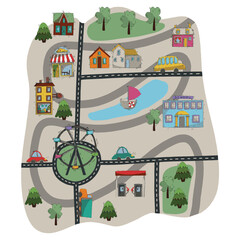 city or little town creator pre made map. cute doodle style buildings, houses, park, lake, cars