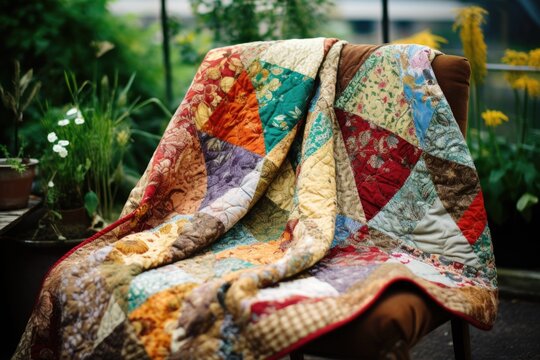 patchwork quilt made from different fabric patterns
