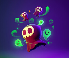 3d rendering illustration of flying ghosts and cute soul spirits, skull faces, with confetti decoration elements in the background, Halloween set, violet color theme