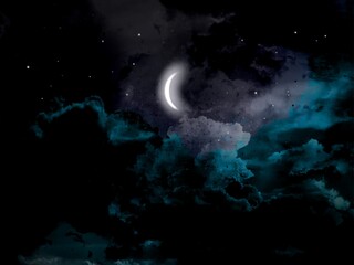 Obraz na płótnie Canvas Illustration of creepy night sky with shinning crescent moon