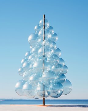 On a winter beach beneath a sky of abstract concept, a christmas tree made of clear bubbles stands as a surreal reminder of the beauty and joy of the season