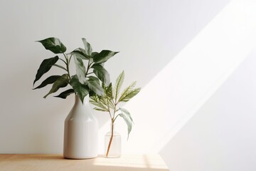 Mockup of a green plant in a vase against a white wall. Generative AI