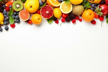 Assortment of healthy, natural fruits on a white background, with space for text. Generative AI