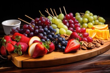 skewers of various fruits on a wooden board