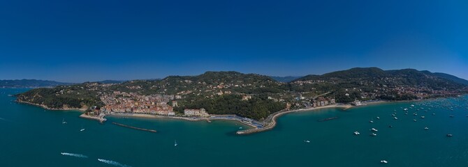 Fototapeta na wymiar Aerial view of the city of Lerici. Italian resorts on the Ligurian coast aerial view. Aerial panorama of Lido of Lerici, La Spezia provinces, Liguria, Italy.