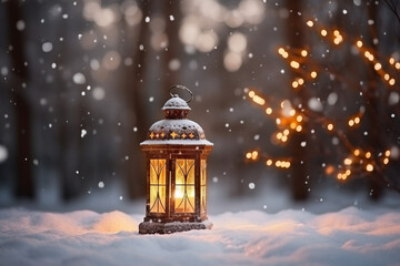 Christmas decoration with a lantern in the snow in a winter park with beautiful bokeh