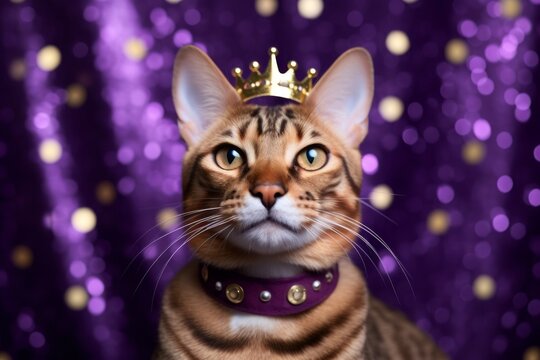 happy cheetoh cat wearing a king's crown while standing against deep purple background