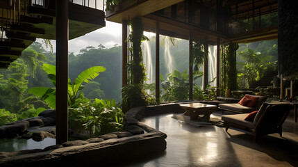 Eco-lodge house interior of living room with green plants and big windows in tropical forest.