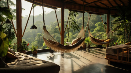 Eco-lodge house interior with green plants and hammocks in tropical forest.