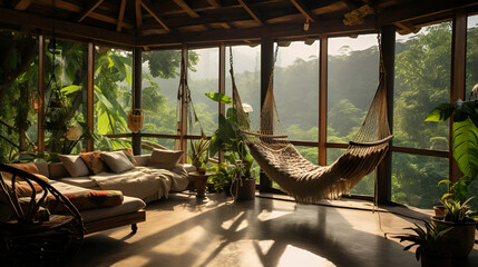 Eco-lodge house interior with green plants and hammocks in tropical forest. - Powered by Adobe