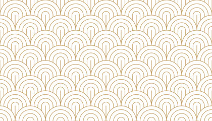 Seamless art deco pattern with multiple golden arch line on white background, gold circle stripe line in fan shape pattern, vector illustration.